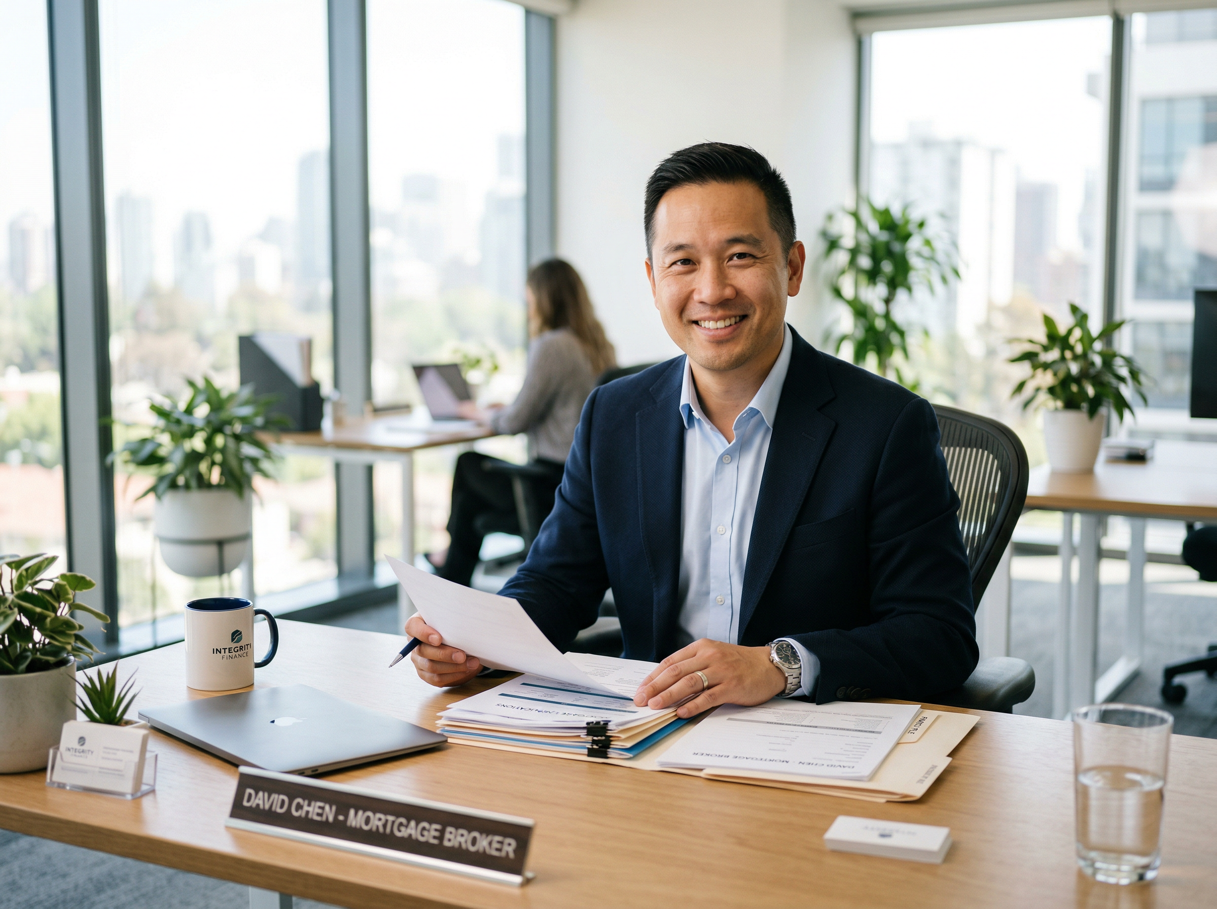 Professional mortgage broker reviewing loan options at his desk