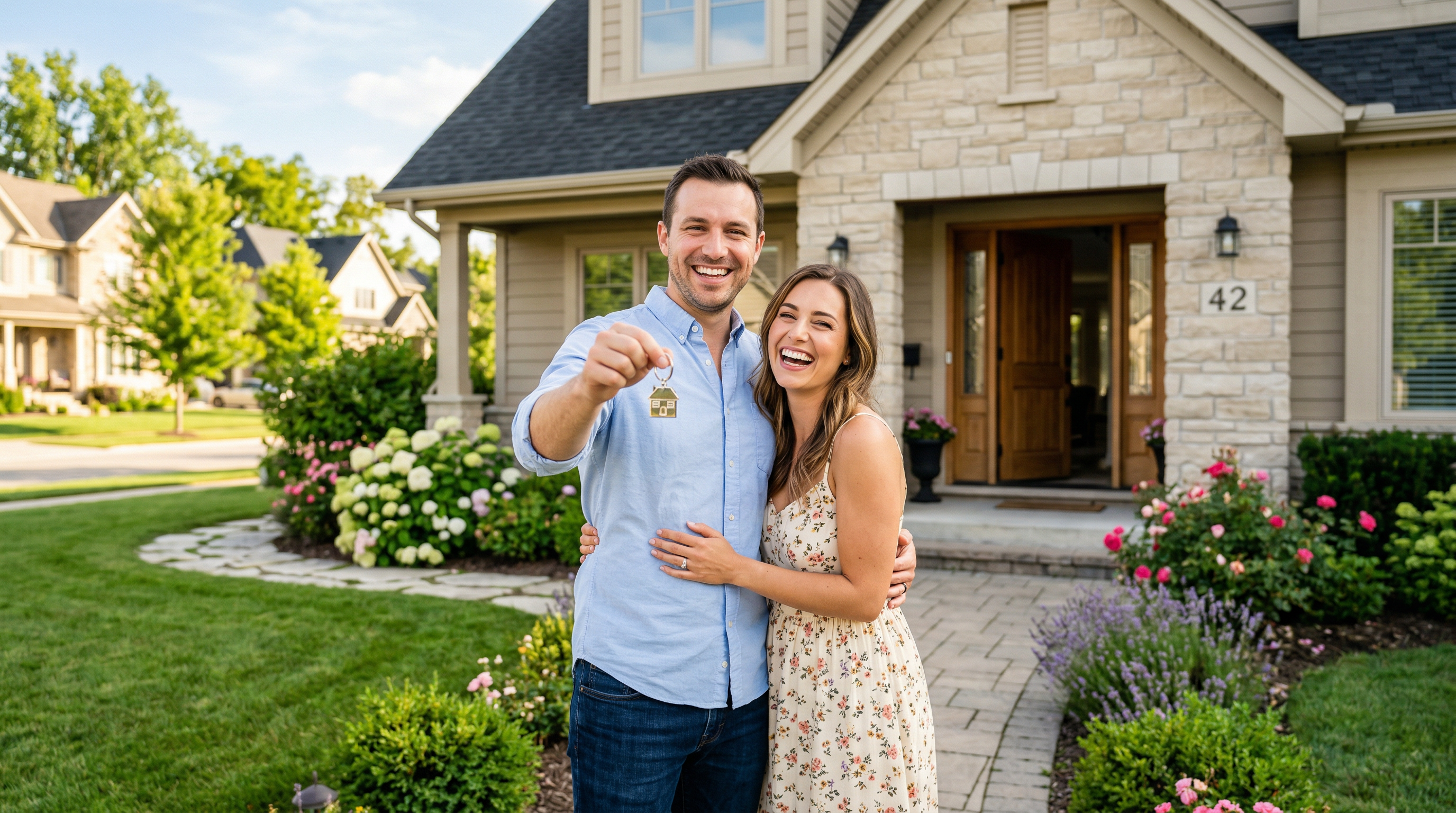 Happy couple holding house keys in front of their new home