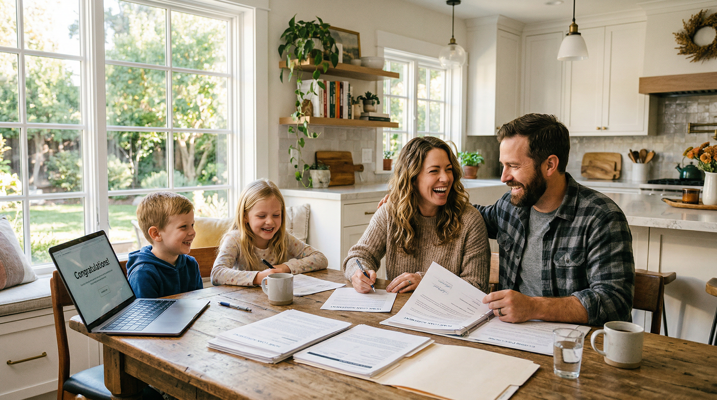 Happy family reviewing refinance documents at their kitchen table